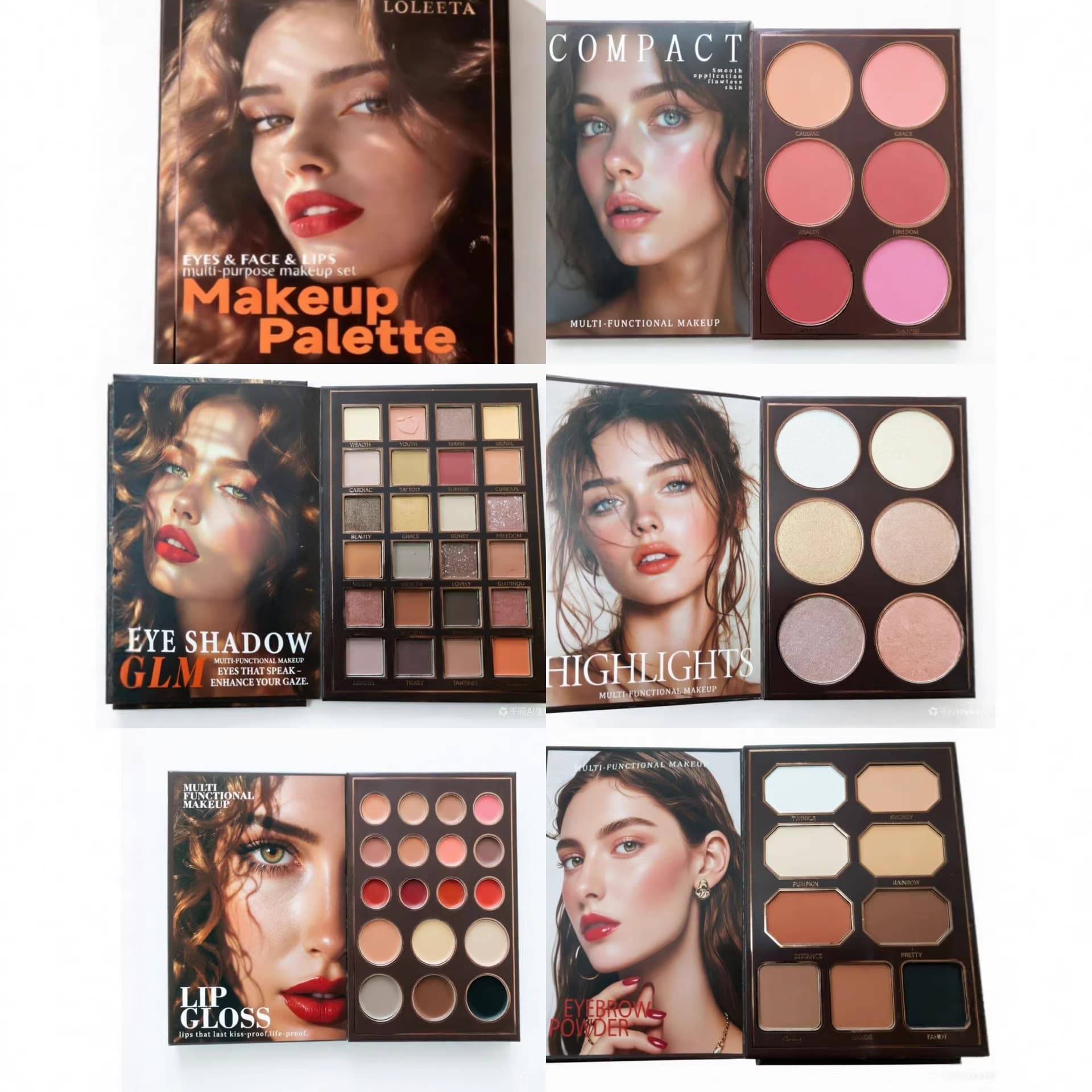 LOLEETA Export 5-Page Book Eyeshadow Highlighter Blush Lipstick Eyebrow Powder Compact All-in-One