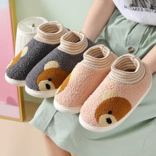 Cotton Slippers Women Men Autumn Winter Couple Cute Bear Cotton Slippers Heel Cover Ins Style Warm Fluffy Slippers