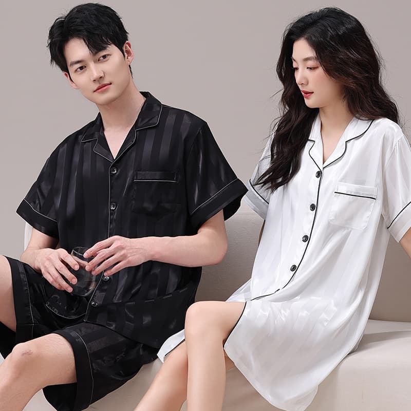 Summer Couple Pajamas Thin Short Sleeve Shorts Simple Striped Ice Silk Travel Pajama Set Men and Women Homewear