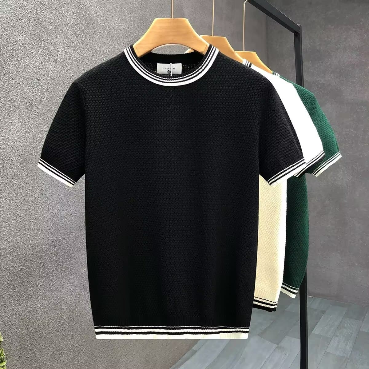 Factory Direct Cross-Border Summer Knitwear Men's Round Neck Ice Silk Youth Short Sleeve Undershirt Color Block Slim Fit Top