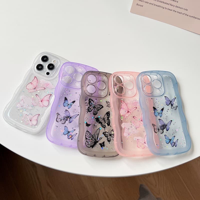 Resin Glitter Butterfly Case for Apple iPhone 17 Pro Max, 16E Wave, iPhone 15 Fashion 7P Transparent