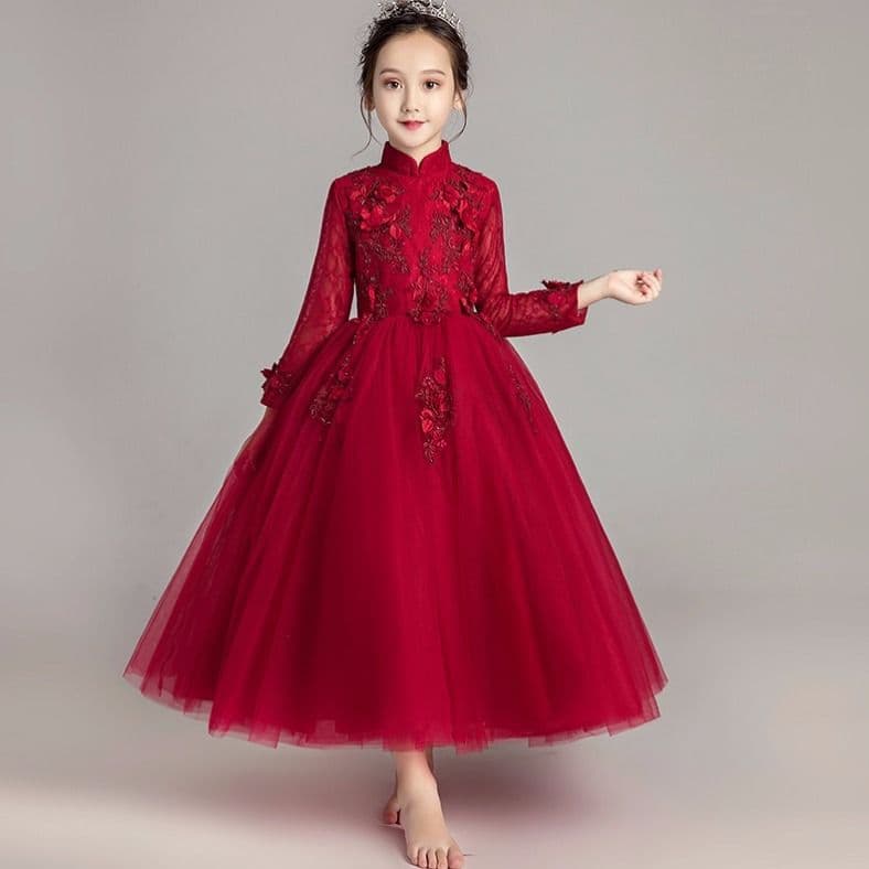 Girls' Princess Dress for Host Performance Flower Girl Wedding Wine Red Evening Gown Summer