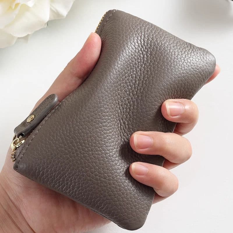 Soft Leather Craft Mini Short Wallet with Dual Zippers and Multiple Layers, Compact Coin Purse for Women