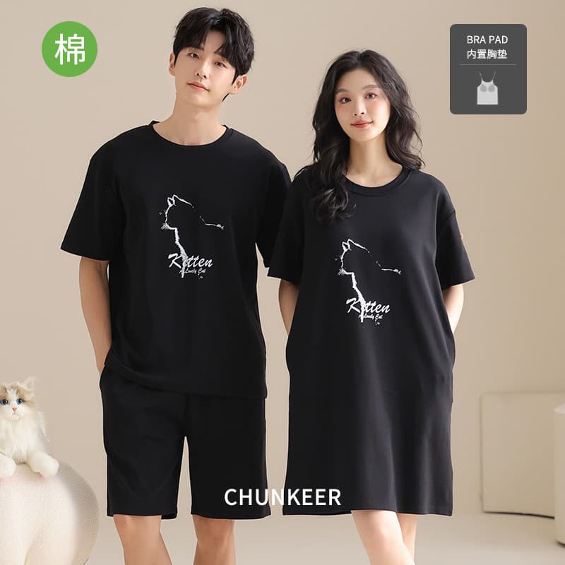 Summer Couple Pajamas Cotton Thin Round Neck Pullover Loose Casual Cotton Women's Dress Pajamas Wearable Outside