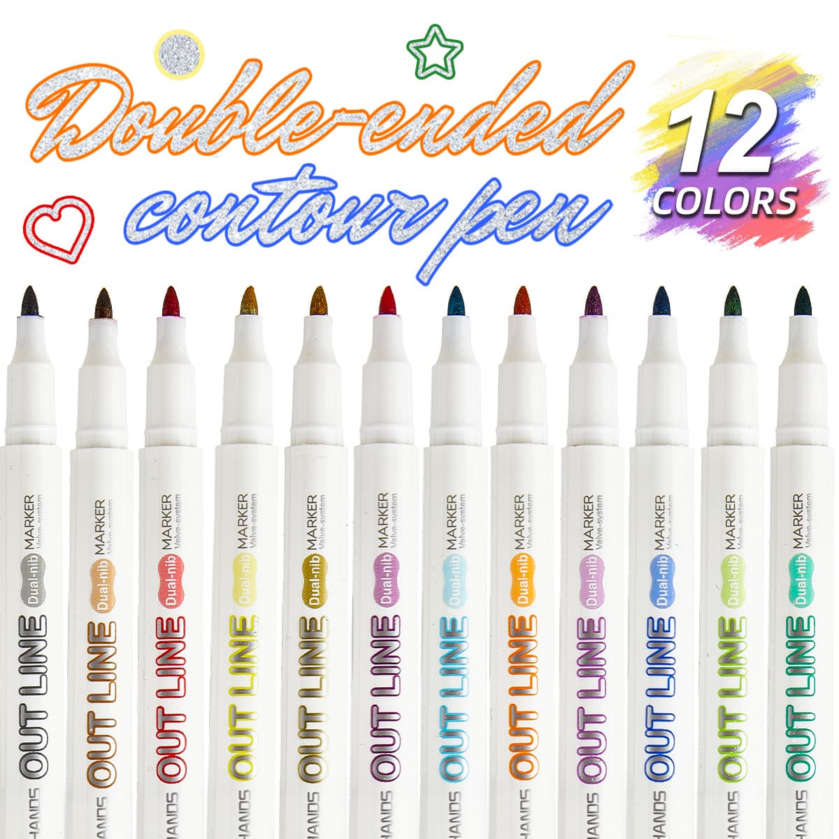 12-Color Dual-Tip Dual-Line Outline Markers for Student Graffiti Drawing DIY Hand Account Greeting Card Silver Glitter Markers