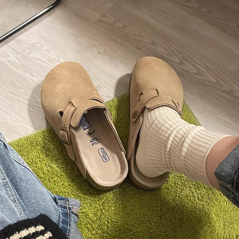 In Stock Sizes 35-46 Genuine Leather Birkenstock Thick Sole Half Slippers Women's Spring Summer Cork Birkenstock Slippers