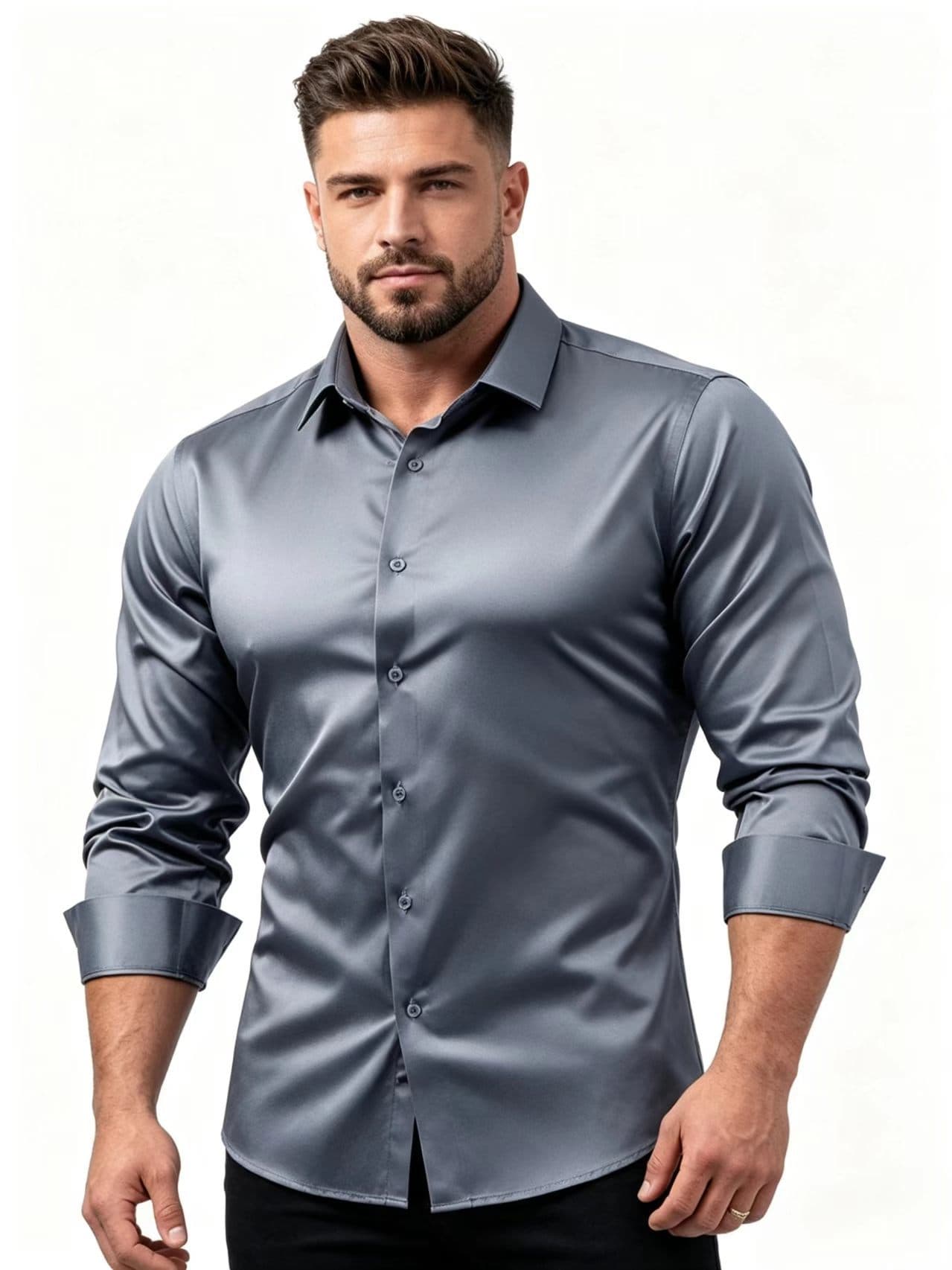Cross-border Men's Silk Satin Long-sleeve Dress Shirt Business Casual Button-down Wrinkle-free Anti-crease Export Men's Clothing