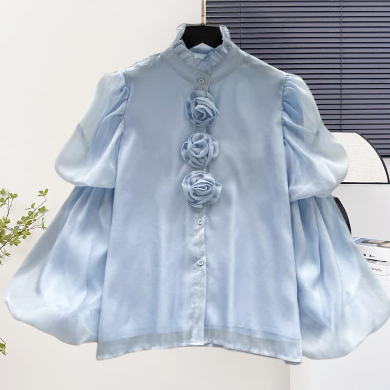 Designed Floral Ruffle Shirt for Women in Spring and Autumn Pullover Pleated Niche Slim Chic Top Trendy
