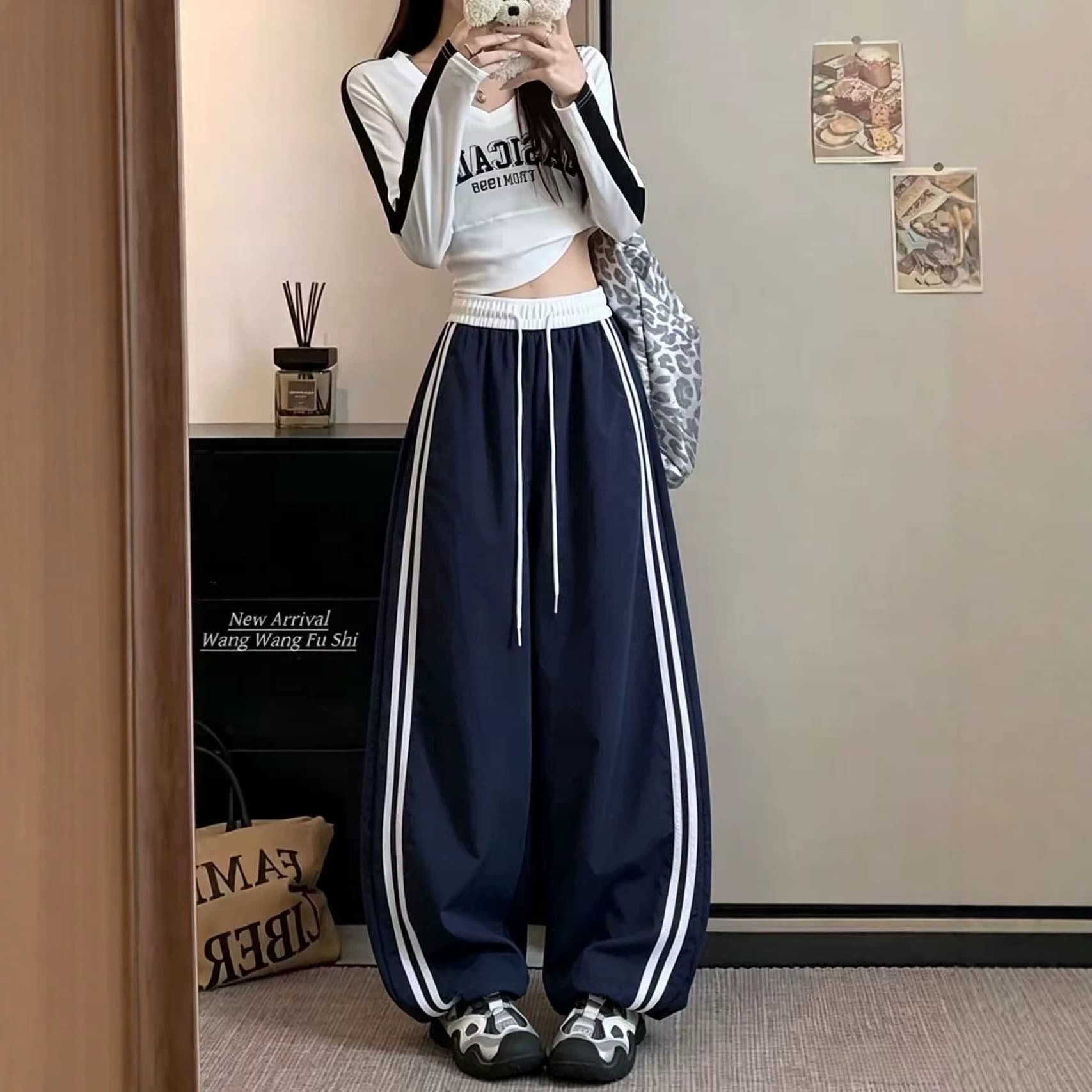 Color-Block Striped Quick-Dry Curved Leg Pants for Women Summer 2026 New High-Waist Loose Slimming Versatile Casual Wide-Leg Pants