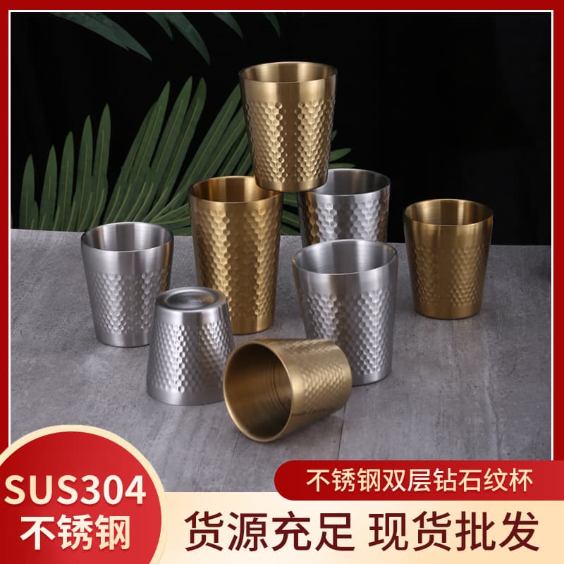 Industrial style 304 double-walled anti-scalding hammered stainless steel mug with diamond pattern beer/coffee cup, outdoor water bottle.