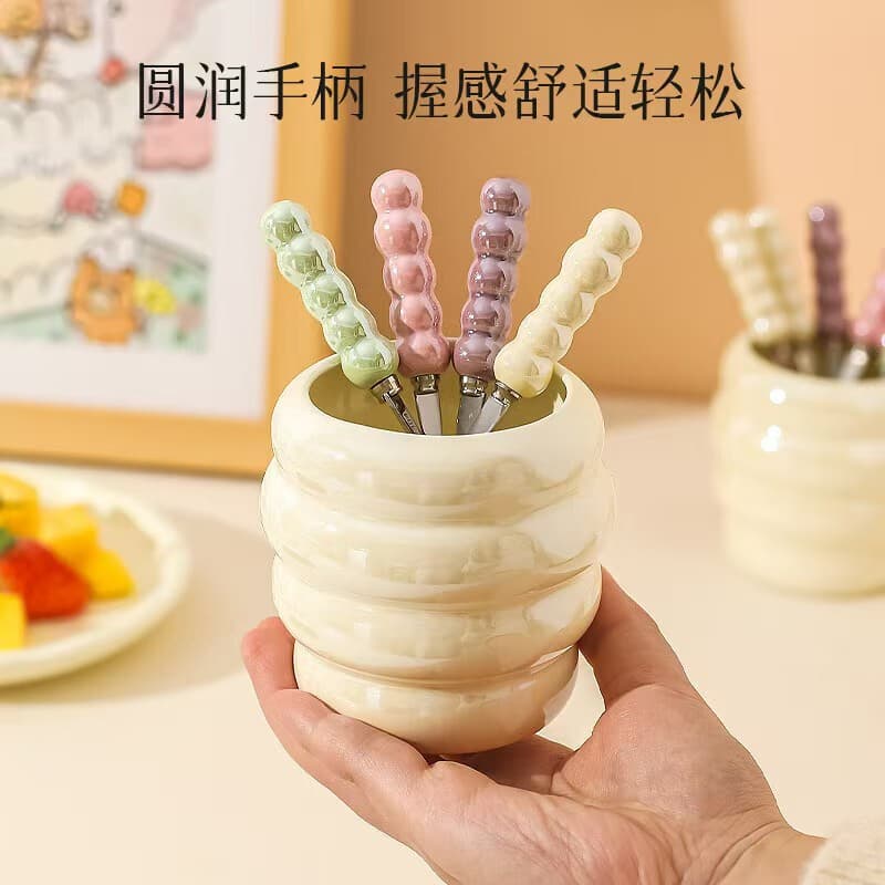 Stainless Steel Fruit Fork High-Gloss Pearl Handle Dessert Fork Home Luxury Cake Fork Fruit Pick Set