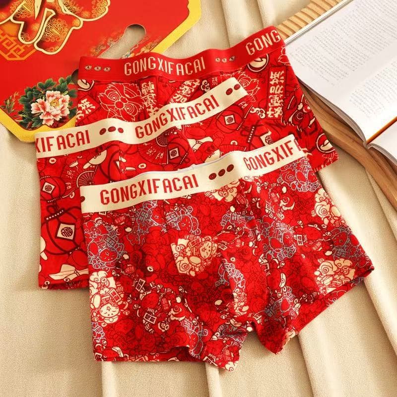 Men's Zodiac Year Red Briefs, Wine Red Breathable Boxer Briefs, New Year Gift for Men, Wedding Four-Corner Underpants, Fortune Attracting