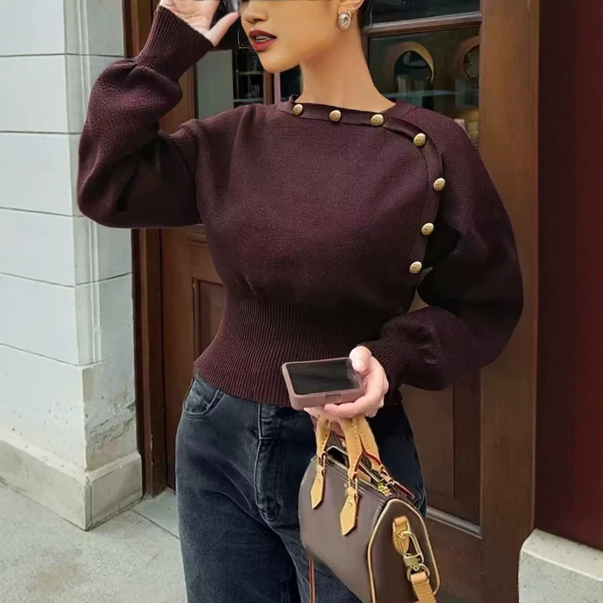 2026 Autumn and Winter New Soft Waxy Sloping Shoulder Lantern Bell Sleeve Loose Sweater Pure Desire Temperament Sweater