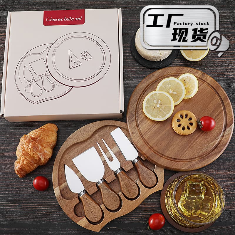 Creative Trendy Fig Wood Cheese Knife Set Four Pieces in Round Log Box Gift Set Cheese Cutter Knife Set Stainless Steel Blade