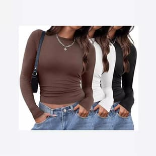 Amazon Europe/US Slim-Fit Long-Sleeve T-Shirt for Women, Thin Crew Neck Top, Sexy Solid Pullover Women's Fashion