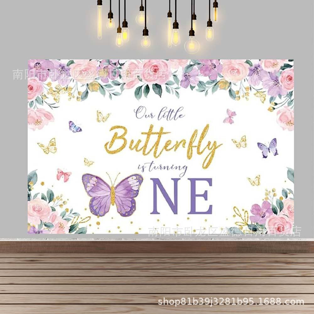Pink Purple Floral Butterfly Baby Shower Backdrop Cloth for Newborn First Birthday Party Decoration Banner Supplies