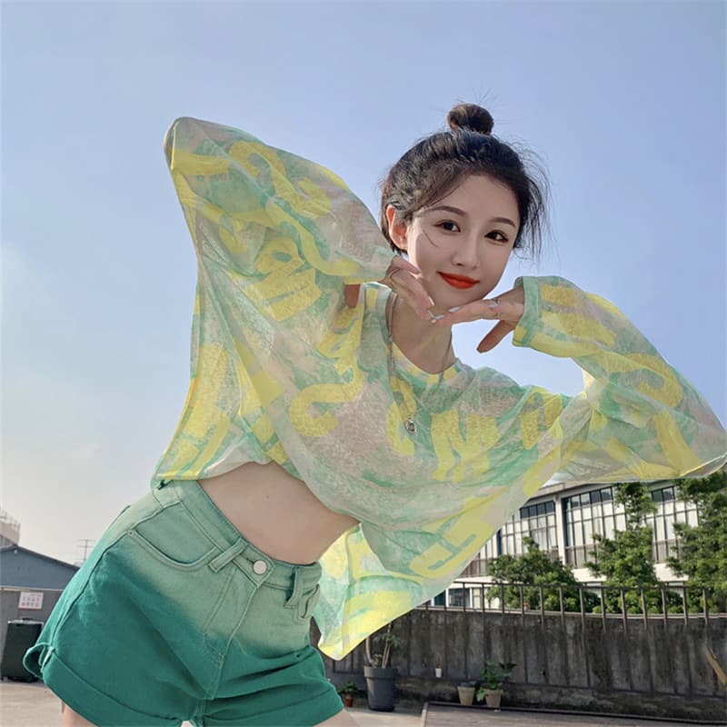 Summer Thin Ice Silk Long Sleeve T-Shirt Cover Up Loose Mesh Outerwear Korean Design Loose Fit Street Style Hip Hop Trend