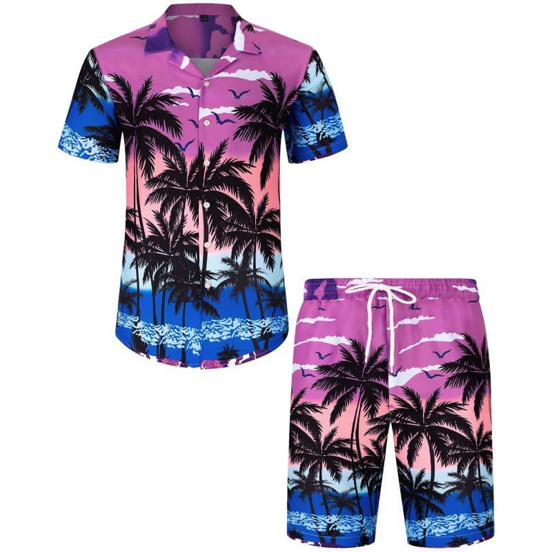 Amazon Novel Hawaiian 3D Palm Tree Digital Print Men's Beach Button-Up Shirt Shorts Set