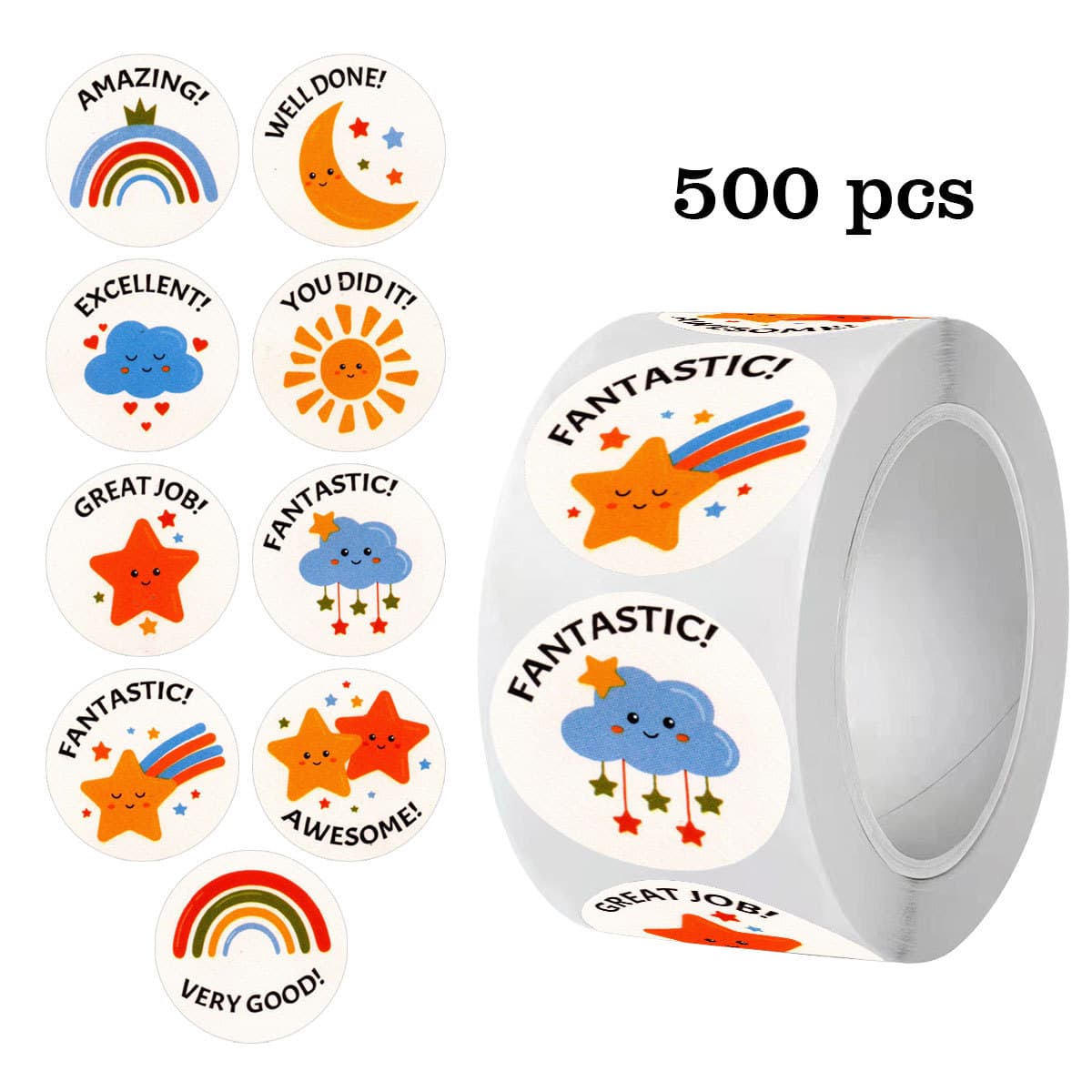 500 stickers/roll cartoon encouragement English stickers rainbow stars sun clouds 1in self-adhesive label reward stickers