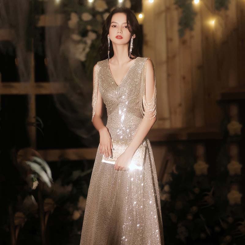Tassel Sequin Dress 2026 New Autumn Summer Elegant Hostess Champagne Color Gala Banquet Evening Gown