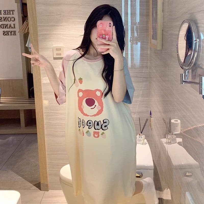 Summer Loose Short Sleeve Nightgown Women Plus Size Cute Cartoon Net Red Pajamas Women Spring Autumn Homewear