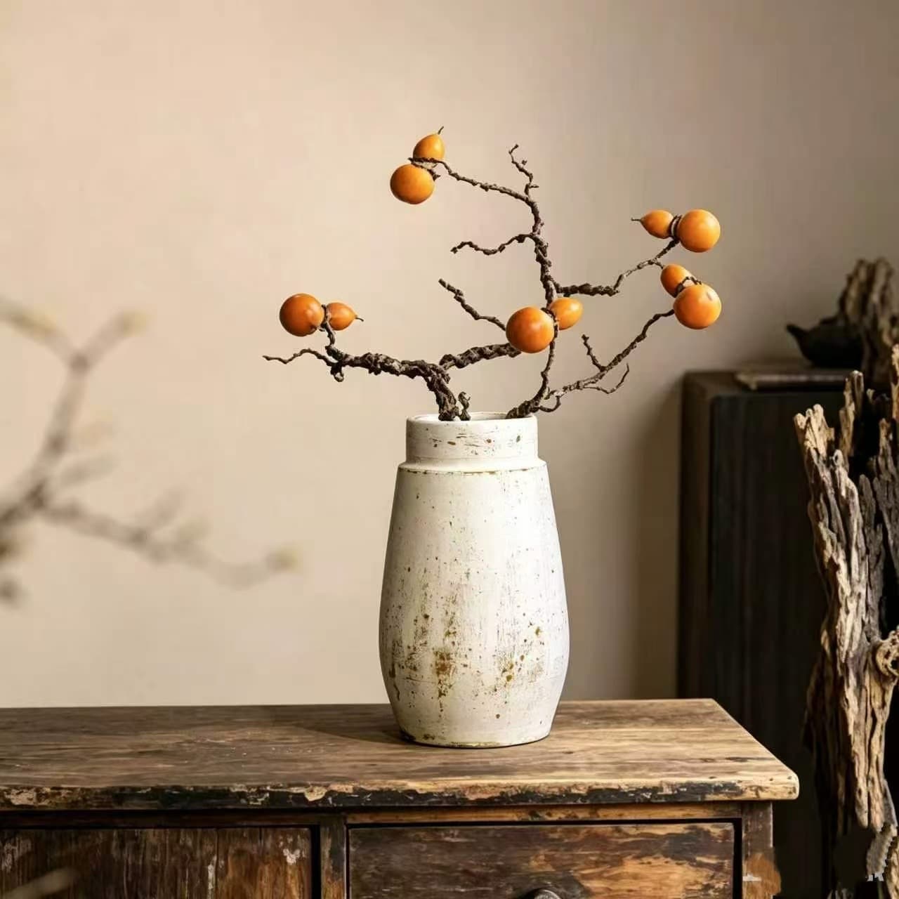 Handmade Vintage Wabi-Sabi Coarse Pottery Vase, Antique-Style Dried Flower Art, Ceramic Floor Zen-Inspired Decor for Guesthouses