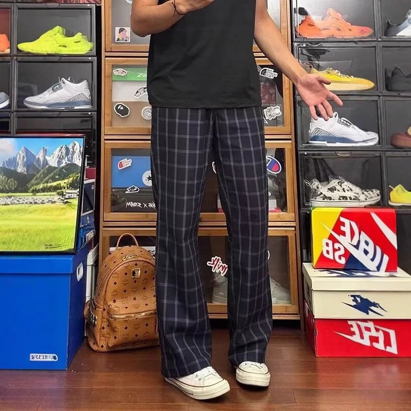 Men's spring and autumn European plaid casual pants, fashionable and versatile, trendy brand stretch trousers, youth slim straight pants