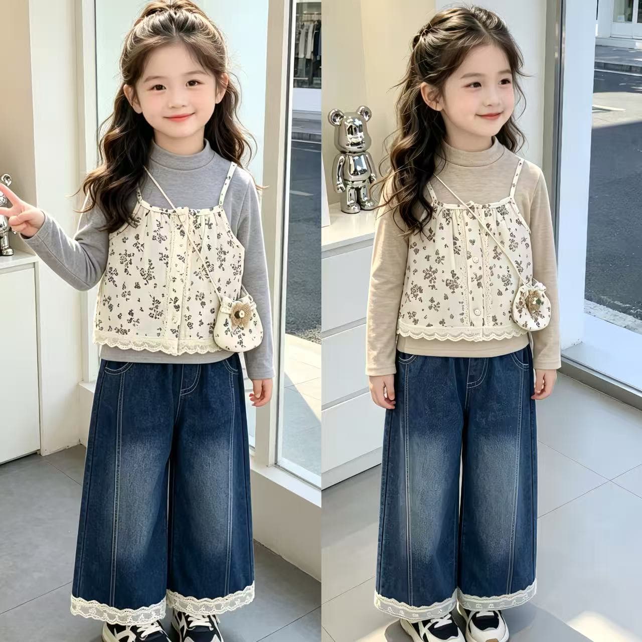 Girls' Autumn Clothing Set New Style Western Style Baby Girl Camisole Bag Three-piece Set Korean Style Spring and Autumn Trendy Wholesale