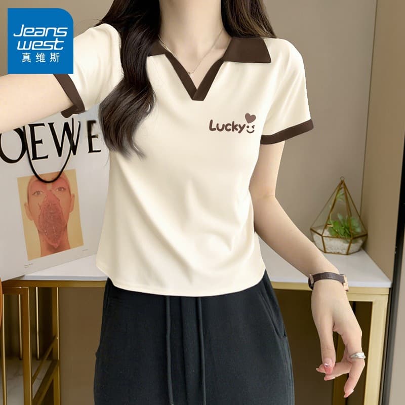 Jeanswest Brown Regular Shoulder Short Sleeve Polo Shirt Collared T-Shirt Women 2025 Summer New Design Loose Top X