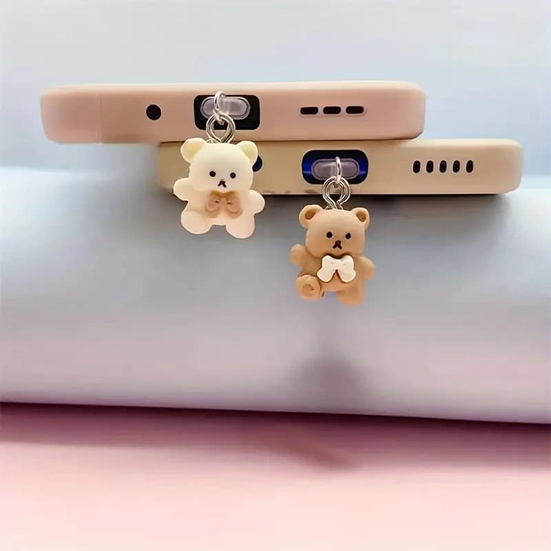 Phone Dust Plug Charging Port Cover, Bear Brown Strawberry Bear Headphone Jack Decorative Charm, Couple Accessory