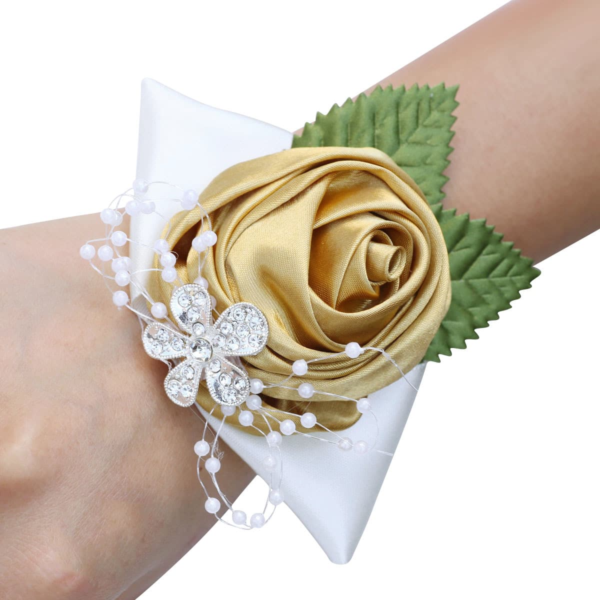 SW480 New Bride Bridesmaid Wrist Flower, Ladies Wristband Satin Ribbon Rose Roll Pearl DIY Wrist Flower, Actual Price