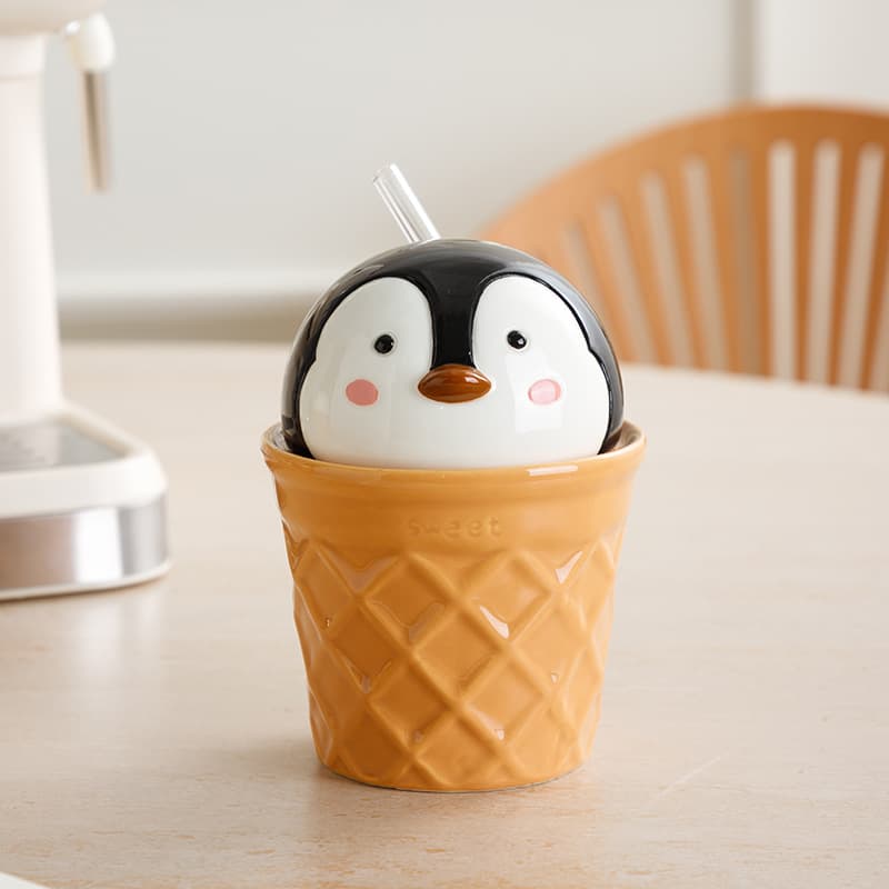 Cute Penguin Ice Cream Ceramic Straw Cup with Waffle Cone Embossed Body, Lid, Milk Coffee Mug