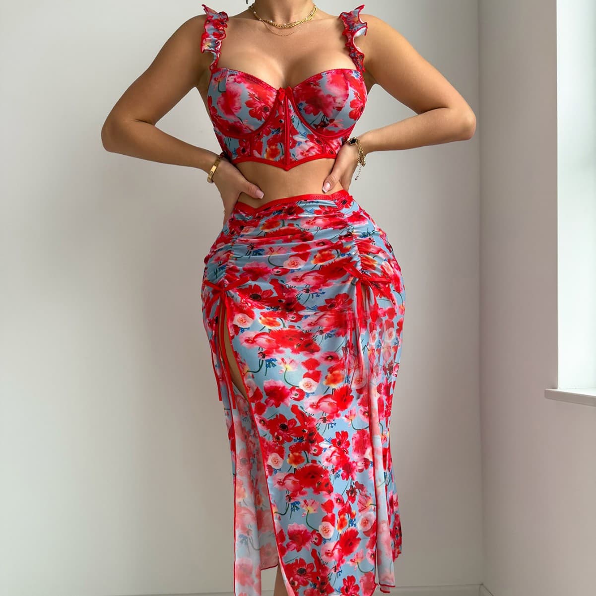 Sexy Lingerie Cross-Border European and American Sexy Butterfly Print Erotic Three-Piece Lingerie Set