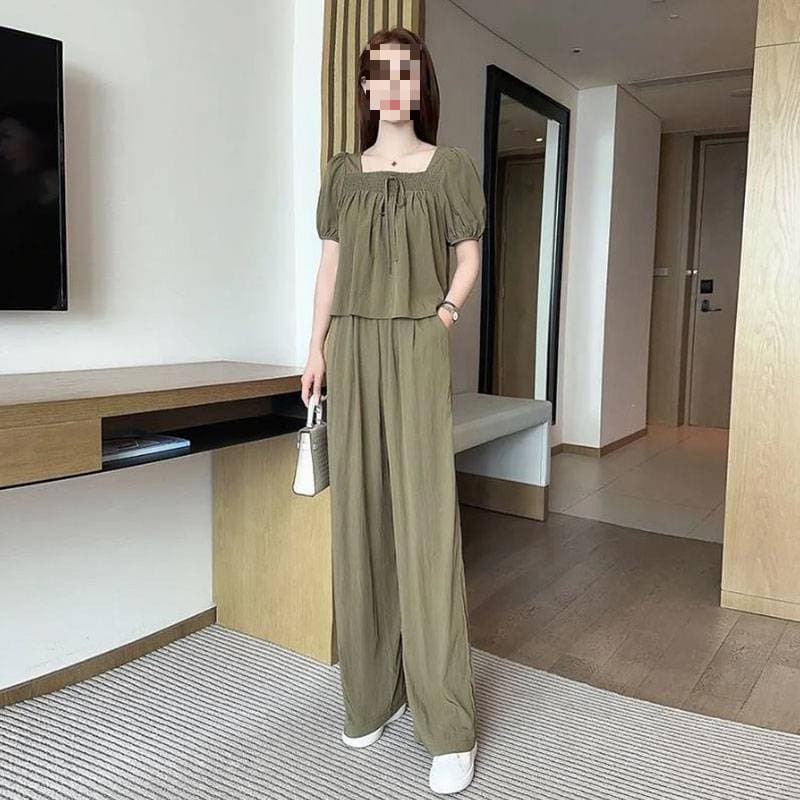 Fashionable High-End Summer Set 2026 New Square Neck Puff Sleeve Top Wide Leg Pants Two-Piece Set for Women