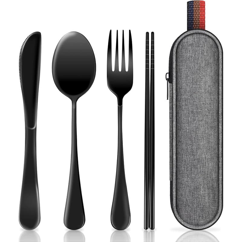 Cross-border Portable Cutlery Four-Piece Set, Stainless Steel Knife Fork Spoon Chopsticks, Lightweight Outdoor Travel Cutlery in Cloth Bag