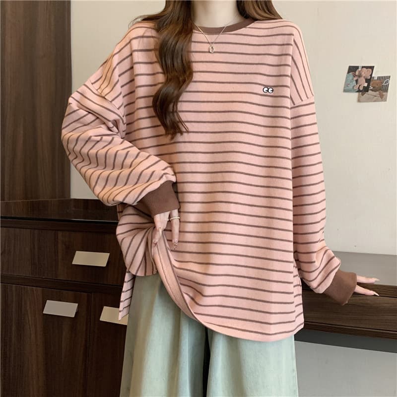 Women's Striped Embroidered Round-Neck Sweatshirt, Autumn and Winter Thermal Fleece, Loose Fit, Split Hem Top