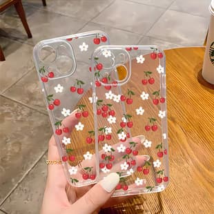 Amazon Hot Selling Cherry Floral Phone Case for iPhone 16e Apple 17pm Precision Hole Anti-Drop TPU Transparent Case Factory Direct
