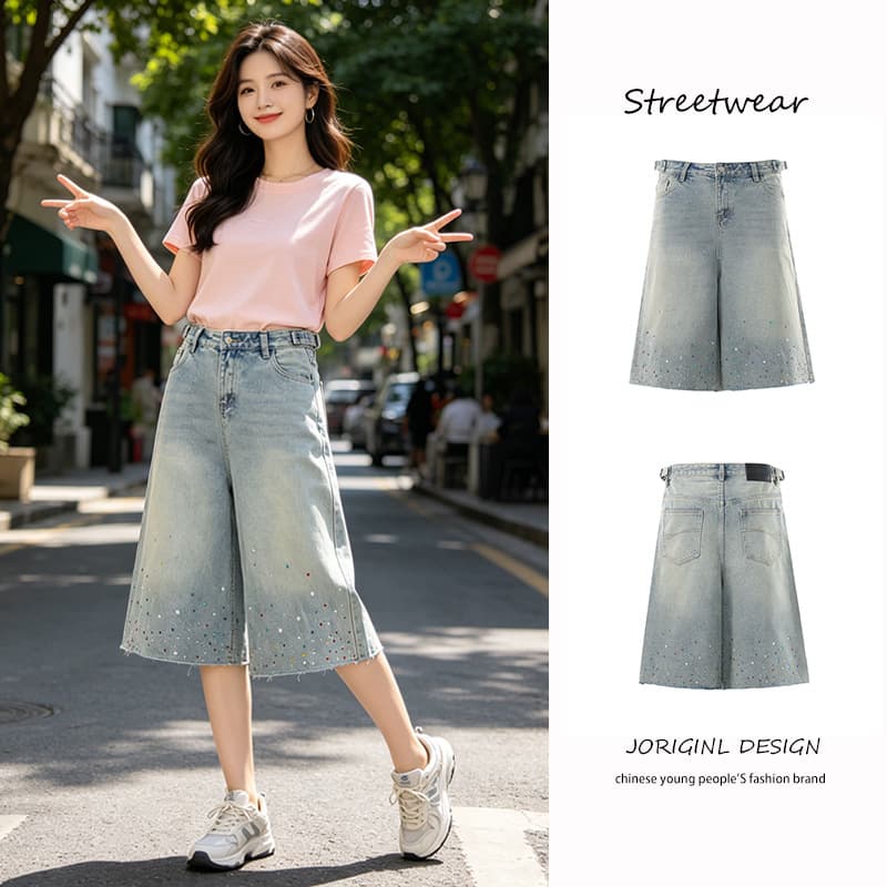 Fashionable and Unique Adjustable Waistband Rhinestone Jeans for Men, New Summer American-Style Loose Casual Cropped Pants for Women