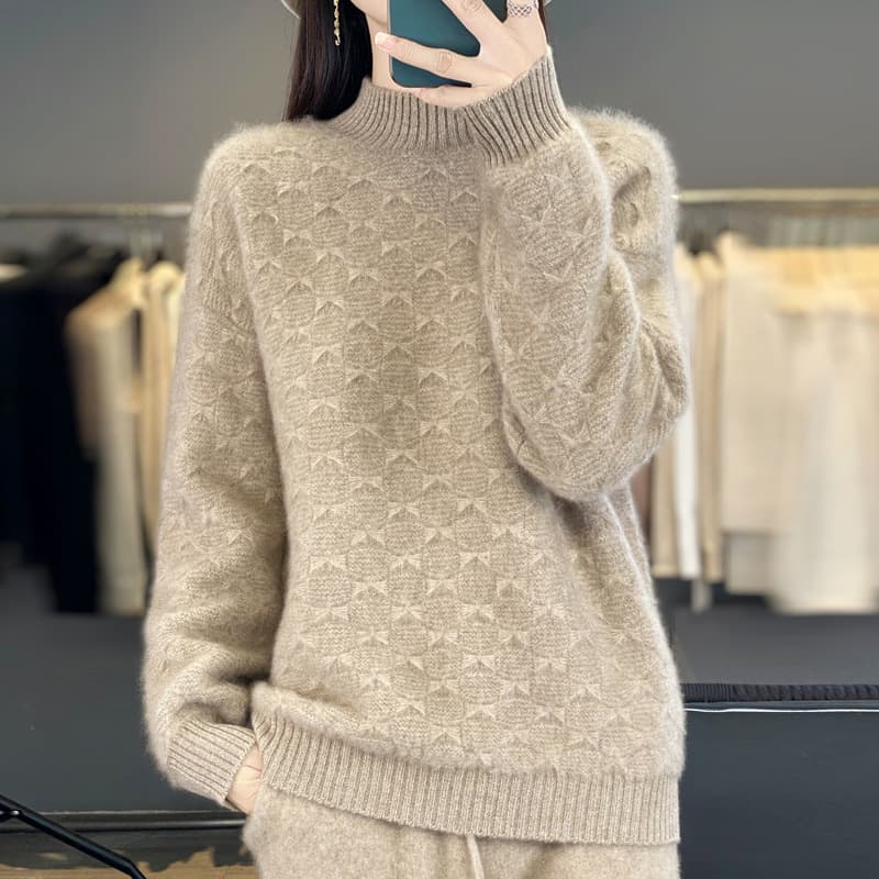Autumn and winter seven-needle thickened 100% pure wool women's bow half turtleneck sweater comfortable soft waxy top sweater