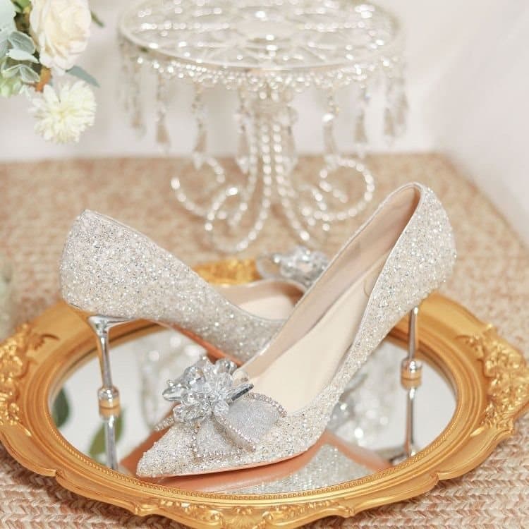 Silver White Bride Shoes Main Wedding Dress Crystal Shoes Bride Heels High Heels Women French High Heels Crystal Flower