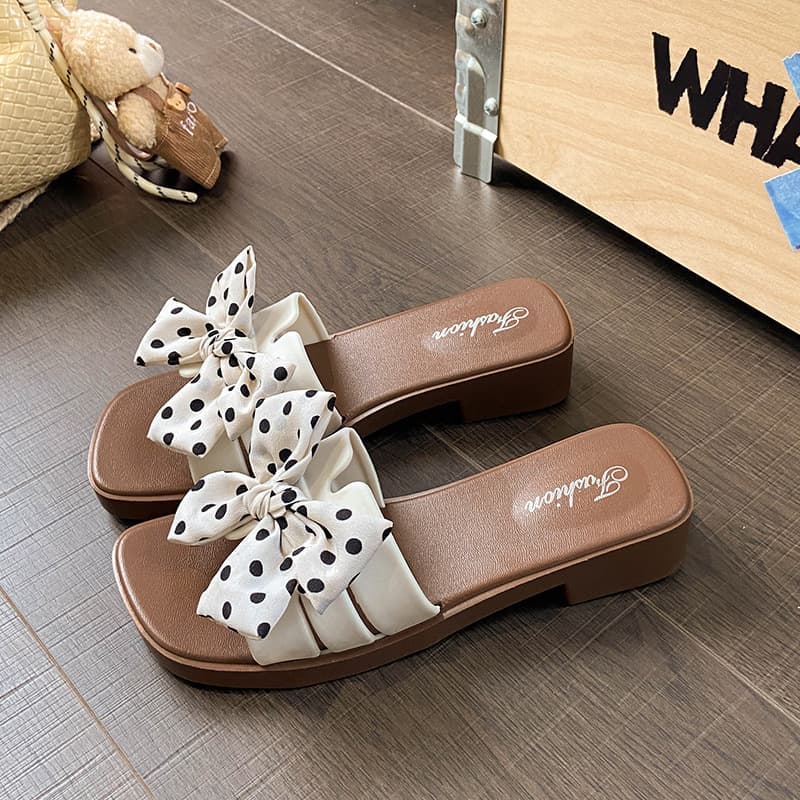 Gentle and trendy fabric bow slippers, low thick heel, soft sole, outer wear sandals, internet celebrity fairy girl mopping shoes