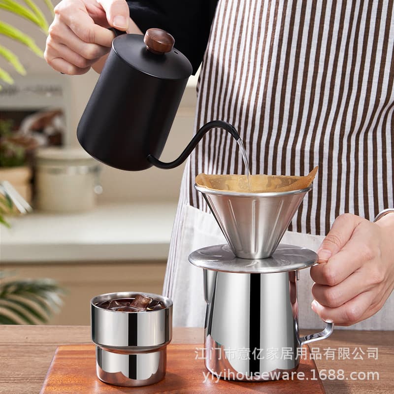 All Stainless Steel Pour Over Coffee Set Outdoor Camping Portable Filter Paper Travel Coffee Drip Kettle Set Wholesale