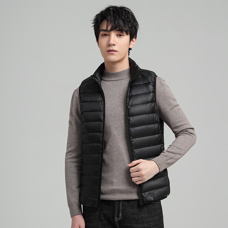 Uniqlo style men's down vest, lightweight white duck down, warm vest, solid color stand collar, down jacket