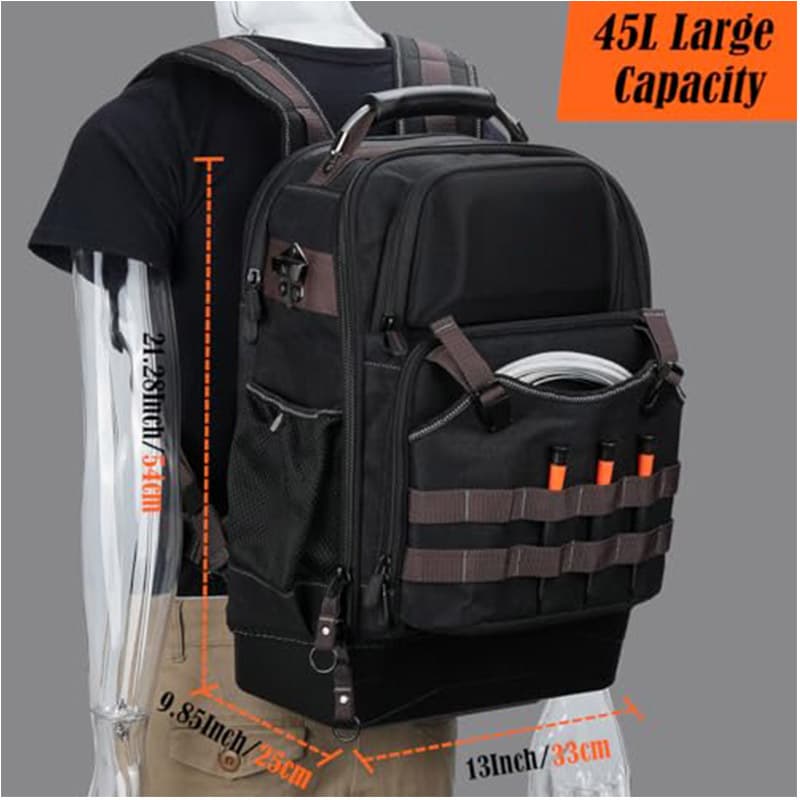 Oxford Fabric Tool Backpack with Hard Bottom Tool Bag, Heavy Duty Tool Bag with Multiple Pockets and Laptop Sleeve