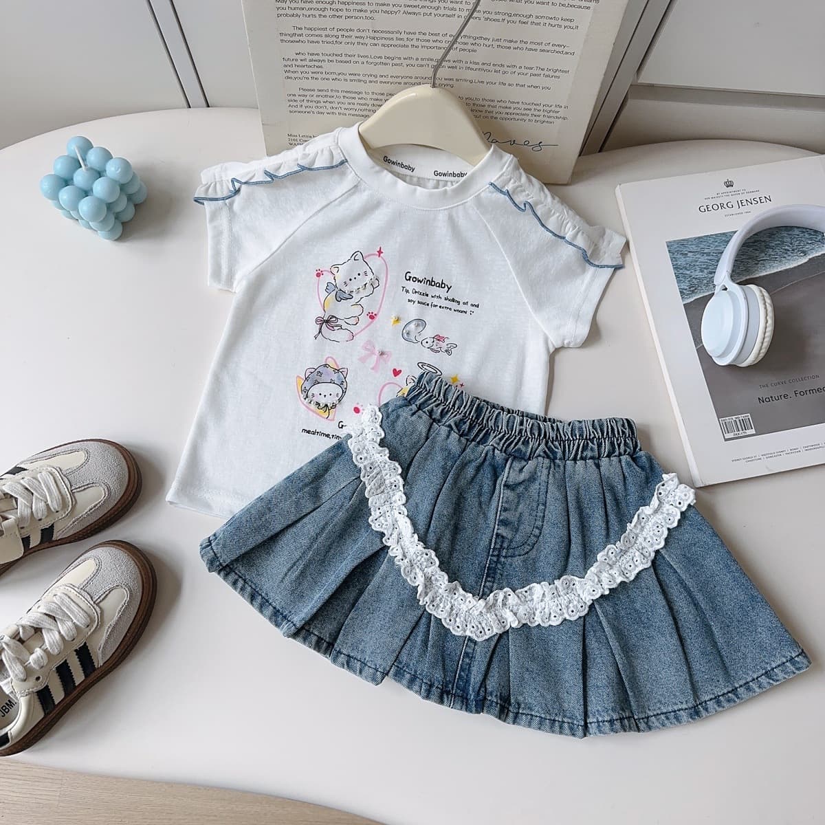 Girls fresh skirt suit summer new baby girl small animal print T-shirt denim skirt two-piece set one piece drop shipping