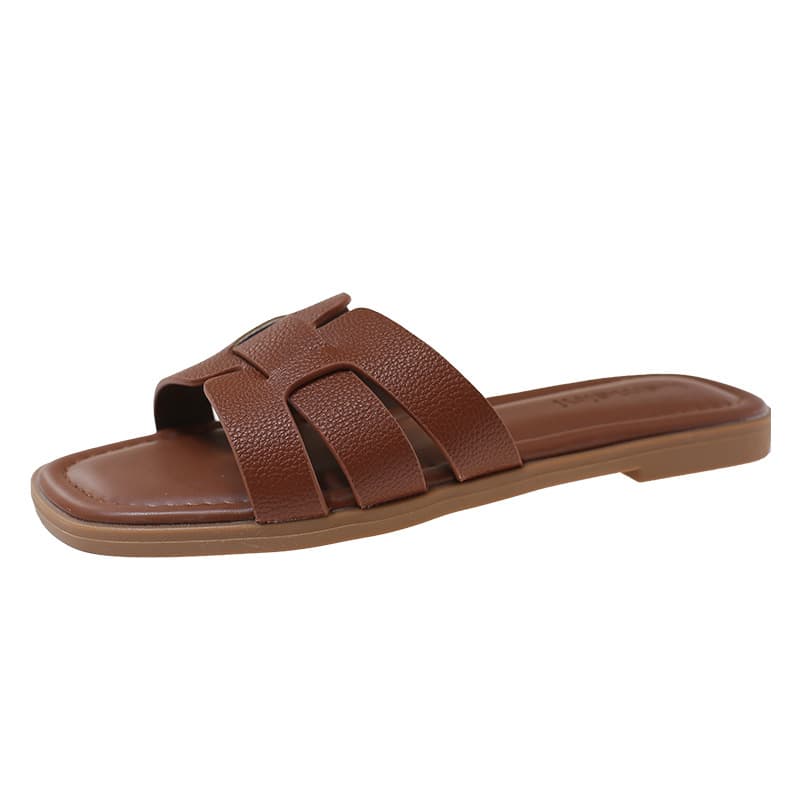 Korean Dongdaemun Style H-Shaped Sandals for Women 2026 Summer New Flat Square Toe Slide