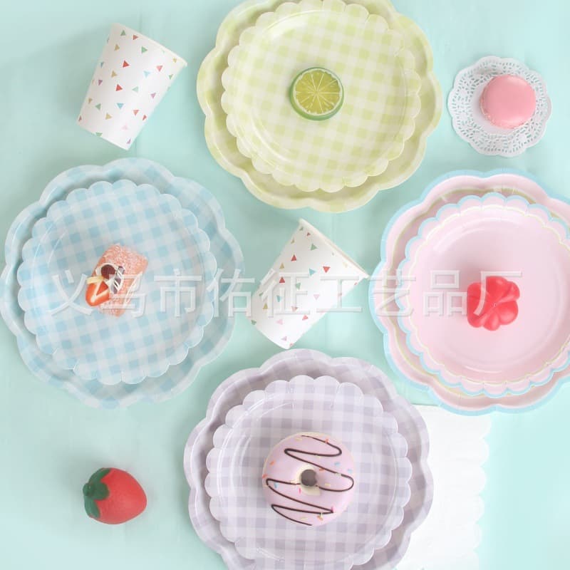 New Plaid Petal Paper Plates for Birthday Party, Wedding, Dining Decoration Party Set