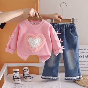 Girls' Spring/Autumn Set 3D Heart Lace Bow Sweater Lace Flared Denim Pants Baby 2-Piece Set