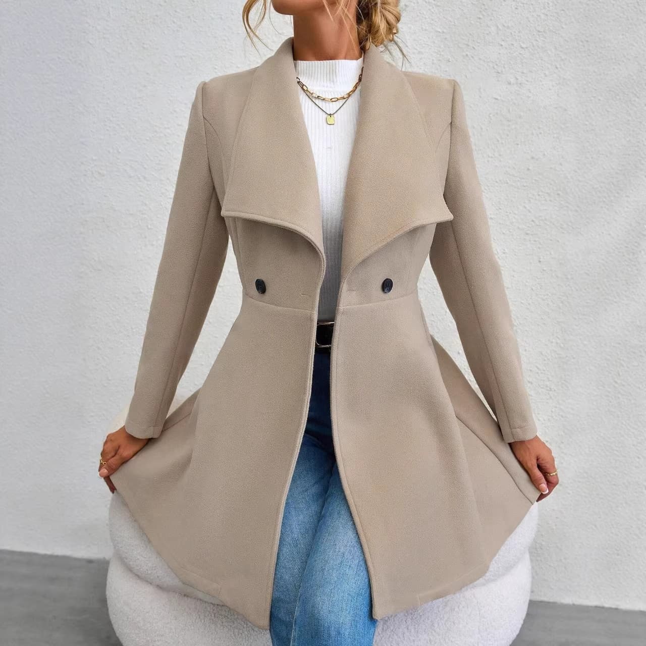 Cross-border Amazon Fall/Winter Wool Coat Slim Fit Mid-Length Notch Lapel Women's Woolen Outerwear Elegant Style