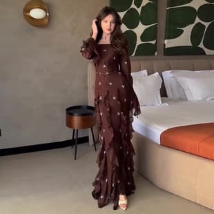 2026 Cross-border Trade Elegant Long Sleeve Amazon New Square Neck Women's Dress with Ruffled Floral Print Deep Brown Long Skirt